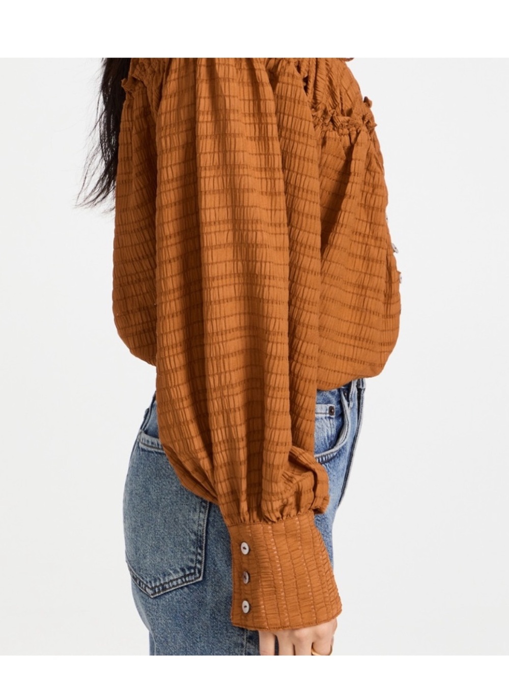 Free People Rust Button-Front Ruffle Peasant Blouse - Picture 3 of 8